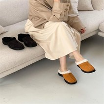 여자 가죽 베이직 뽀글이 퍼 통굽 슬리퍼