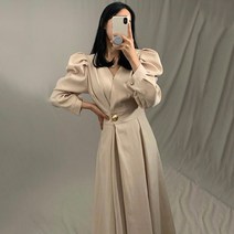 여성 드라마 연예인 갯마을 원피스 우아하고 얇은 V 넥 원 버튼 슬리브 롱 신민아원피스