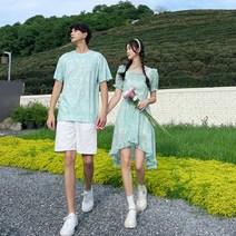시밀러룩 커플 코디세트 남성 티셔츠 여성 원피스 웨딩 촬영 신혼 여행 컨셉 여름 커플 시밀러룩