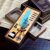 깃털 만년필 선물 세트 캘리그라피 골동품 딥 펜 잉크 왁스 씰링 스탬프 키트 글자 작가 필기 인감, [10] CLake blue