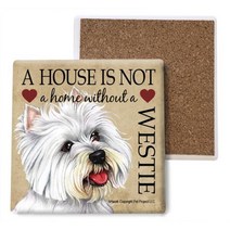 SJT ENTERPRISES INC. Westie 흡수성 스톤 컵받침 음료용 코르크 백 웨스트 하이랜드 화이트 테리어 강아지 일러스트레이션 아티스트 토모요 피처 10.2 x 10.
