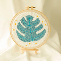 미니겟 펀치 니들 자수 도안 + 전용 바늘 세트, 원형, 식물과 자연, 몬스테라 잎