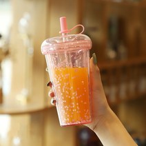 420ml Ins 버블 티 컵 반짝이 물병 이중 레이어 휴대용 텀블러 빨대 플라스틱 커피 뚜껑 누수 방지 컵, 04 Pink_01 320ml