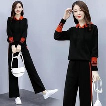 봄 가을 여성 의류 여성 캐주얼 트레이닝복 세트 허리 조임 블랙 후드 맨투맨 와이드 팬츠 트레이닝 상하의 세트 투피스 M~3XL 20대 30대 40대