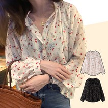 여성유니크 박시 오피스 셔츠블라우스 러블리 쉬폰 꽃무늬 블라우스 퍼프 긴팔 봄가을