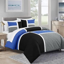 Chezmoi Collection Bernard 7피스 풀 베드 인 어 백 이불 세트 시트 포함 - 경량 블루 블랙 그레이 패치워크 퀼트 메달리온 침구 사계절용 320048, Blue/Black/Gray_King