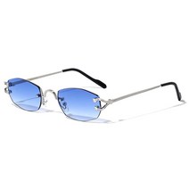 Savant 슬림 무테 기하학/타원형 럭셔리 선글라스 실버 메탈릭 프레임과 블랙 이어 피스, Blue Gradient, Silver Metallic Frame W/ Black