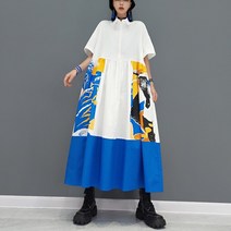 블랙 화이트 프린트 여성 캐주얼 롱 셔츠 드레스 일본 스타일 페인트 빅 사이즈 루즈핏 타이드 대형 로브 JJXD002 여름