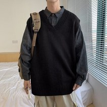 남성니트 조끼 빈티지 블랙 스웨터 남성 일본 v넥 패션 니트웨어 하이 스트리트 캐주얼 학생 세련된 핸섬 프레피 심플히 쿨