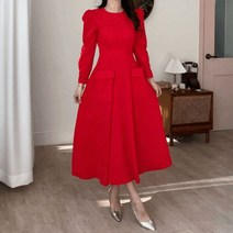 엘린무드 엘롯트 퍼프소매 긴팔 봄 화사한 레드 연보라 네이비 A라인 키큰여자 플레어 포켓 여신 롱 맥시 원피스 3color