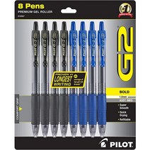 Pilot G2 프리미엄 젤 롤러 펜 볼드 포인트 1mm 8개 팩 블루, Black/Blue
