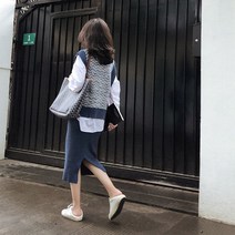 HXT 가을겨울 여성 상하세트 브이넥 니트 지그재그 조끼 베스트 뒷트임 골지 롱스커트 투피스