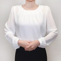 면접 블라우스 긴팔 라운드넥 셔링 쉬폰 여성 블라우스 빅사이즈 XL 화이트