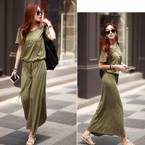 스트링롱원피스 라운드넥 허리끈 블랙 카키