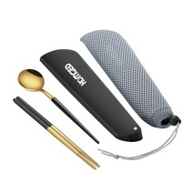 PM6 아델라 티타늄 도시락 수저세트 젓가락+숟가락 휴대용, 골드블랙