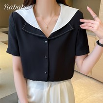 나바바 NB806 여성 러블리 빅카라 쉬폰 반팔 브이넥 블라우스