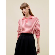 22FW 핑크 면 스트라이프 와플 조직 카라 배색 티셔츠 HSTS2C810P2