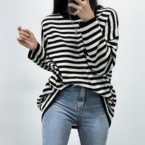 오오엘 여성용 램스울 루즈핏 여리핏 단가라 스트라이프 라운드 니트