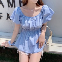 스타일아유 여름 여성 시원한 허리 셔링 반팔 크롭 밴딩 어깨 오프숄더 블라우스 2color