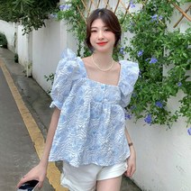 스퀘어넥 자수 꽃무늬 A라인 플라워 면 블라우스 퍼프 여름 반팔 코튼 샤랄라 벌룬 SY