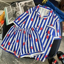 인쇄 여성의 스트라이프 만화 귀여운 잠옷 세트 탑 셔츠 바지 kawaii homewear 정장 여성 봄 여름 한국 잠옷 정장