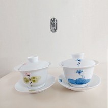 김해 도자기 백자 커피잔 연꽃 개완 찻잔 2인 선물, 1세트, 블루