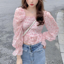 나루니 W05089 핑크 쉬폰블라우스 긴팔 긴소매 여름 꽃무늬 레이스 여름블라우스 사은품증정
