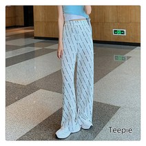 티피 여자 여름 얇은 날염 와이드 팬츠 하이웨이스트 패션 시폰 플리츠 일자 바지