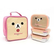 리락쿠마 아동용 가방 3단 스텐 얼굴 도시락, 브라운, 10세트