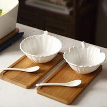 도자기 소스볼 샐러드볼 요거트볼 디저트볼 간식 접시 사각 우드 플레이트 그릇 스푼 세트, A타입
