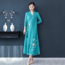 한복 드레스 중국전통의상 고대 전통 민속 무용 무대 국화 자수 쉬폰 롱