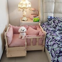 강아지 원목 침대 소형견 원목침대 하우스 해먹 애완견 반려견 나무 집 쇼파 베드 수면 쿠션, L. 침대플러스블루로즈침구
