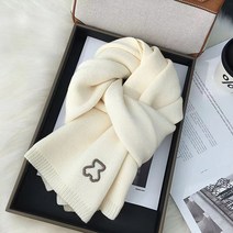 곰돌이 자수 백매치 기모에 도톰한 순색 털실 니트 머플러 학생 커플 목도리 여