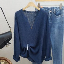 상상그이상 여성용 국내제작 간절기 심플 부클 루즈핏 브이넥 긴팔 니트