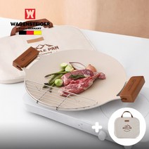 바겐슈타이거 그리들 IH 인덕션 세라믹 그리들팬 36cm 아이보리 원형 캠핑 고기불판 코팅그릴 솥뚜껑 삼겹살 구이팬 덮개 세트, 그리들+손잡이+고기망28cm