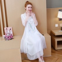 사극 한복 여성 여름 에스닉 빅사이즈 여성복 복고 자수 부 소매 투피스 시폰 원피스 화이트 M