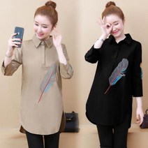 [실버캣] 여성 빅사이즈 깃털 자수 롱 블라우스