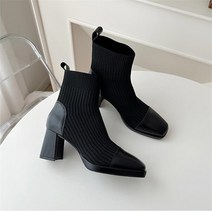 코지 여자 믹스패치 니트 가죽 니삭스 7cm 앵클부츠