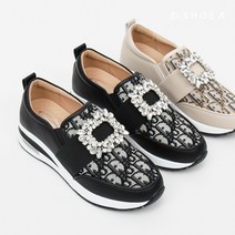 슈아 가죽 사각 보석장식 에어쿠션 밴딩 키높이 슬립온