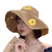 바이주주 해바라기 라탄 여성 버킷햇 벙거지 밀짚모자 챙넓은 여름 모자 비치 왕골 라피아햇
