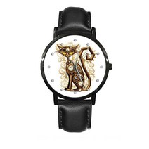 20대남자생일선물 고등학생시계 XUTAI 남성 및 여성용 맞춤형 시계 캐주얼 블랙 가죽 스트랩 시계 스팀펑크 고양이