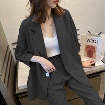 Momolatti 여성 고무줄 긴 바지 봄가을 오피스룩 정장 2세트