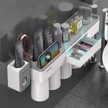 리빙셀렉트 욕실선반 칫솔꽂이 세트 거꾸로 자석 양치컵 홀더, 1개, 자동치약짜개+4인 SET