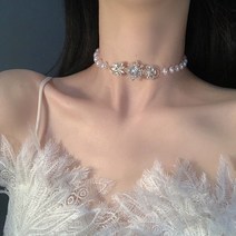 실버 목걸이 와이프생일선물 50대 엄마 갑상선 학생 여자친구 MENGJIQIAO- 럭셔리 진주 비즈 여성을 위한 초커 여자 패션 플라워 크리스탈 숏 파티 쥬얼리