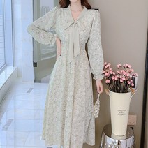 [랜덤플레이] 플라워 리본 쉬폰 롱 원피스