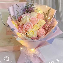 드라이플라워 비누꽃 시들지않는 꽃다발 생일 추석, 화이트 아기의 숨결+샴페인 장미+해바라기