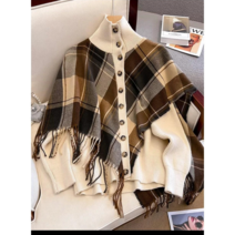 나인테일 봄 간절기 여성 체크무늬 숄 장식 단추니트 3컬러 블랙 아이보리 브라운