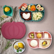 [마미스테이블] 호박 식품용실리콘 흡착식판(뚜껑포함) 유아 돌 아기 그릇 식기 중기 이유식 용기, 호박식판 허브그린(본체 + 뚜껑)