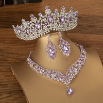 생일 파티 공주 쥬얼리 바로크 빈티지 퍼플 하트 신부 보석 세트 라인석 왕관 크라운 초커 목걸이 스터드 귀걸이 웨딩 두바이