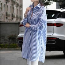 오버핏여자 스트라이프 화이트블루 롱셔츠 오피스룩 30대 체형커버 여성